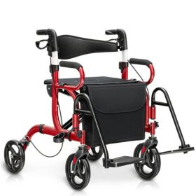 2-in-1 Rolling Walker & Wheelchair : 6-Position Height Adjustment (34"-39"), 8" PVC Wheels, Folding Design for Elderly/Injured-Red
